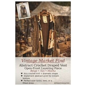 Vintage Concept Womens Brown Abstract Crochet Knit Open Front Draped Vest Size M